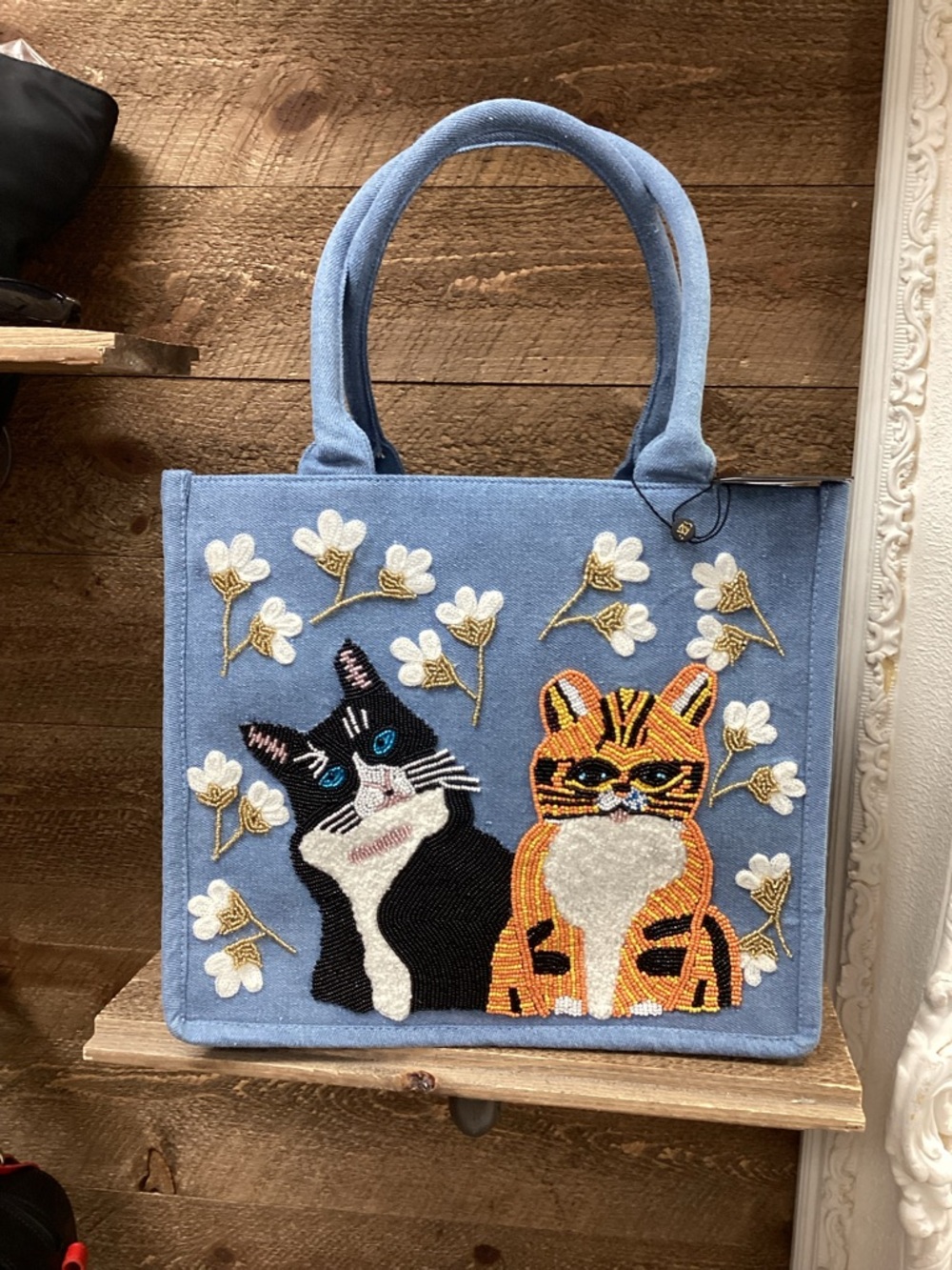 America & Beyond Beaded Cat Denim Tote Bag | Embroidered Floral | Crossbody